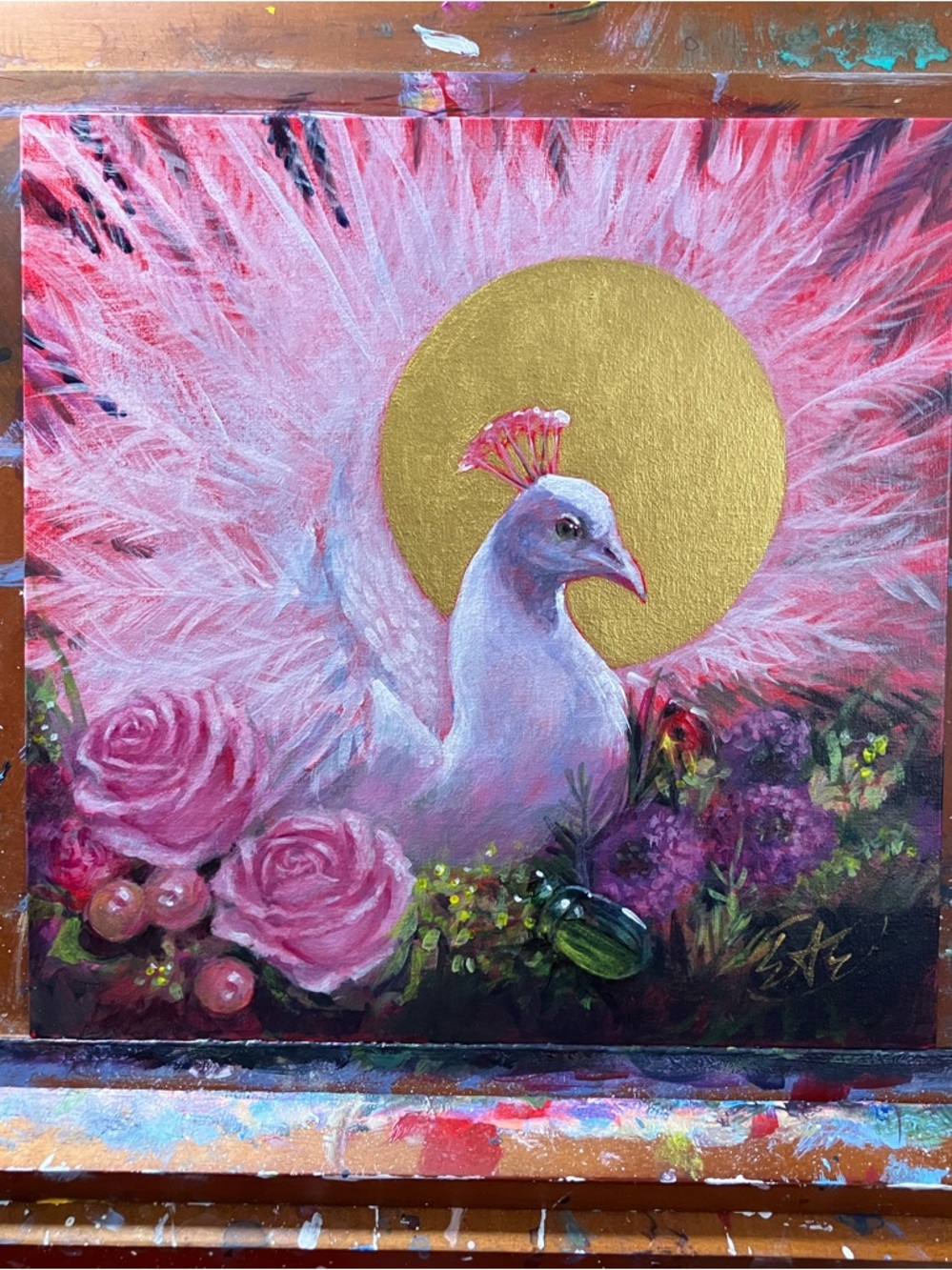 Original White peacock painting surreal art bouquet floral still life - Picture 3 of 8